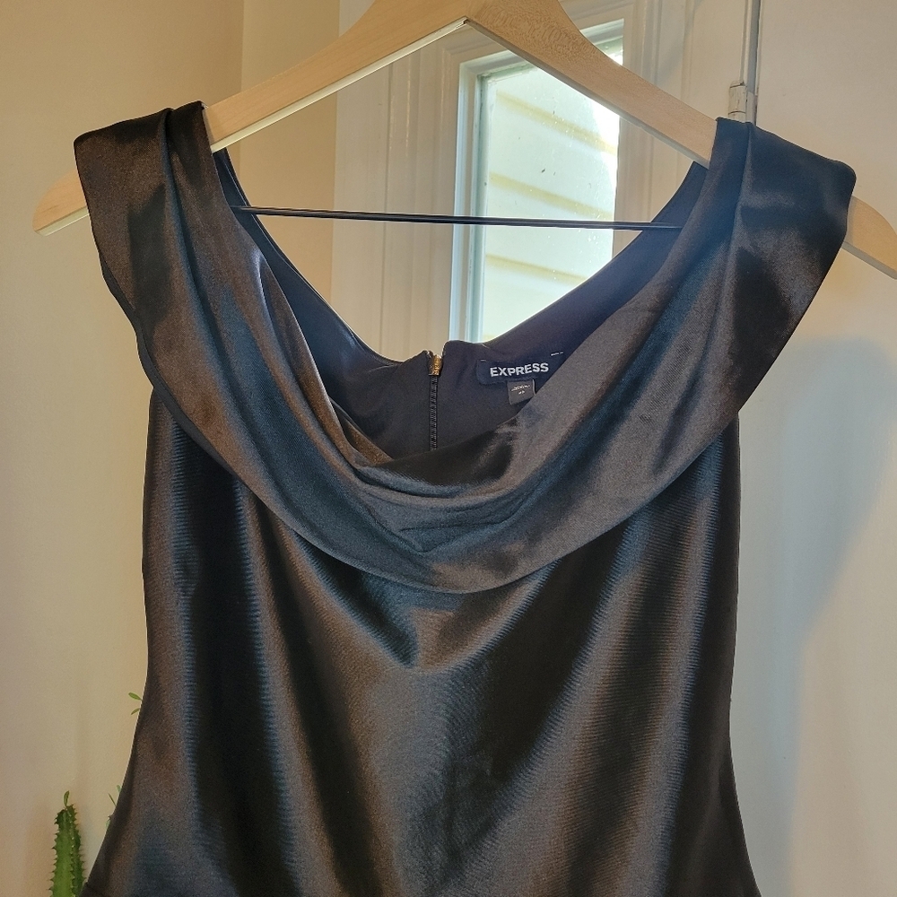 Express Off The Shoulder Black One-Piece Bodysuit, Size XS Shiny Satin Sexy - Picture 3 of 9